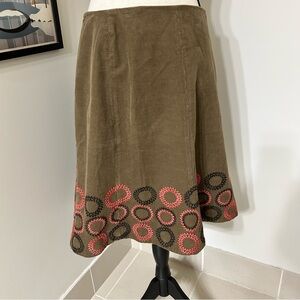 Boden Embroidered Brown Corduroy Skirt SZ 14